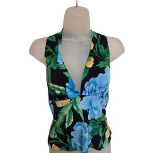 Y2K Vintage Cache Womens Floral Halter Top Blue Green Black Sleeveless‎ Blouse